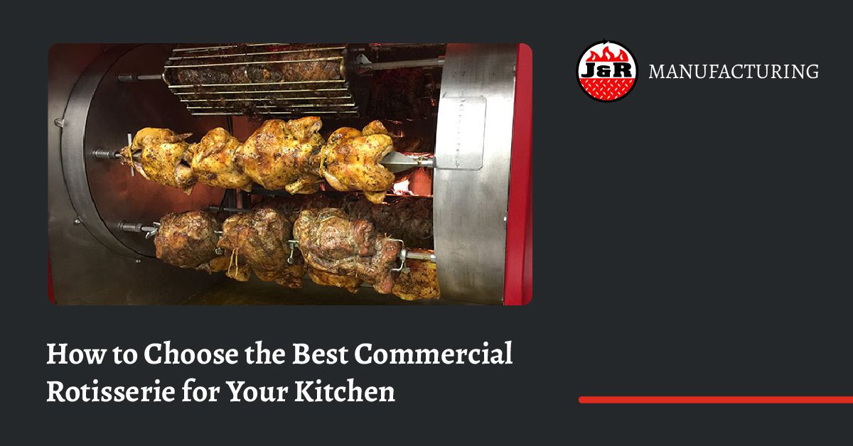 Title How to Choose the Best Commercial Rotisserie for Your Kitchen with image of chickens on a rotisserie